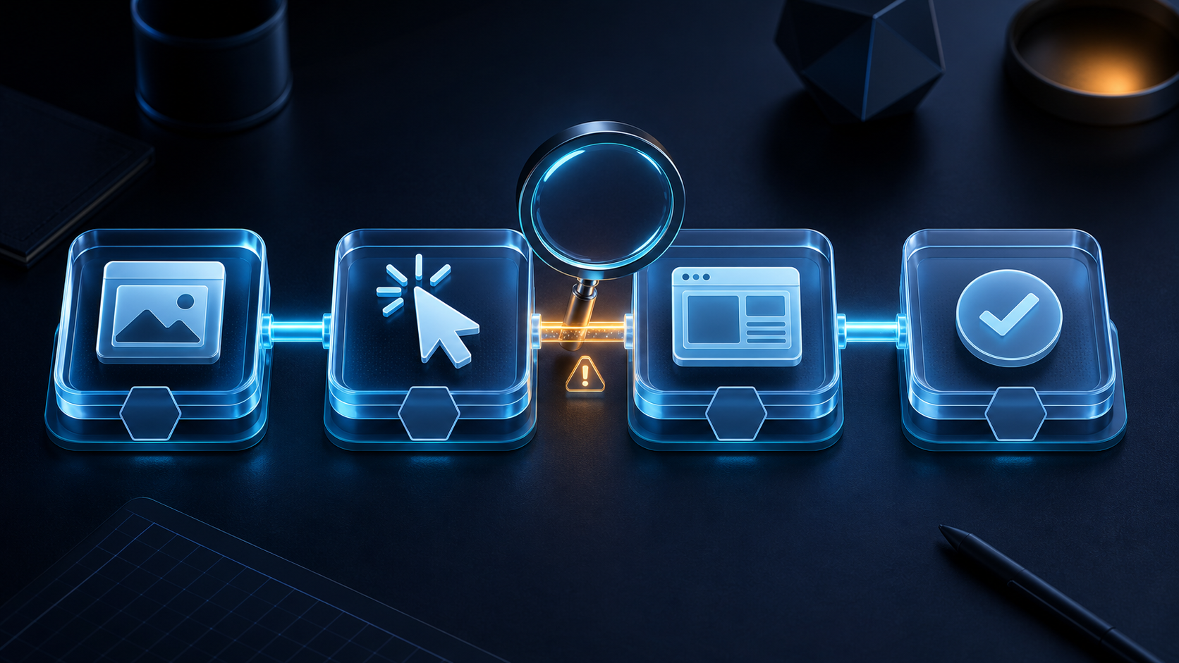 Four linked visual modules represent an impression, click, landing-page visit, and completed action under a magnifying lens.