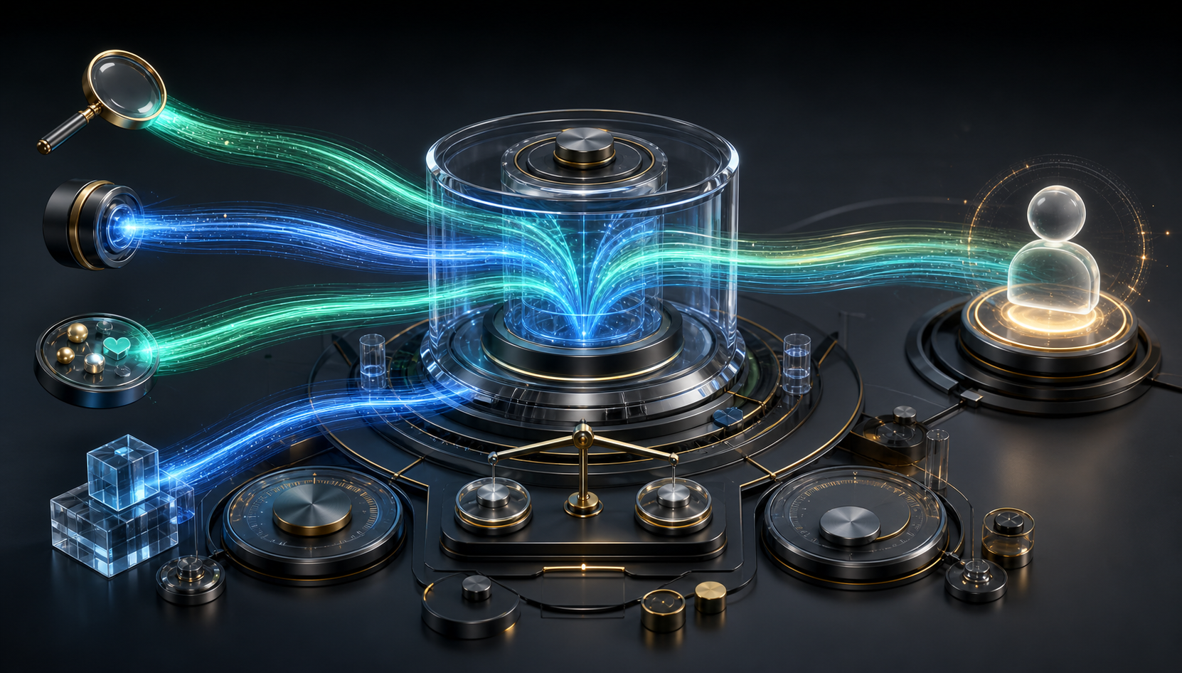 Several colored channel streams converge in a central measurement hub before continuing toward a customer outcome.