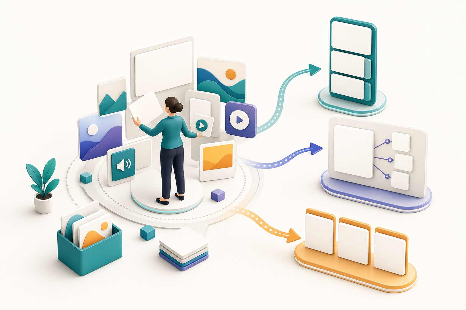 An editor organizes multimedia content that flows toward a feed, an AI answer, and contextual recommendation cards.