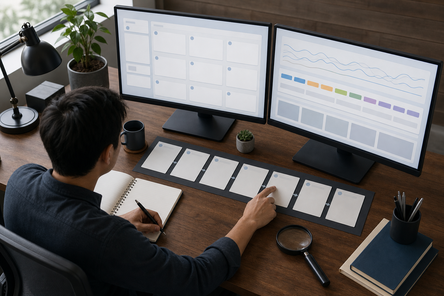 A search advertising specialist compares a grouped-results layout with campaign signals while arranging blank snapshot tiles on a desk.