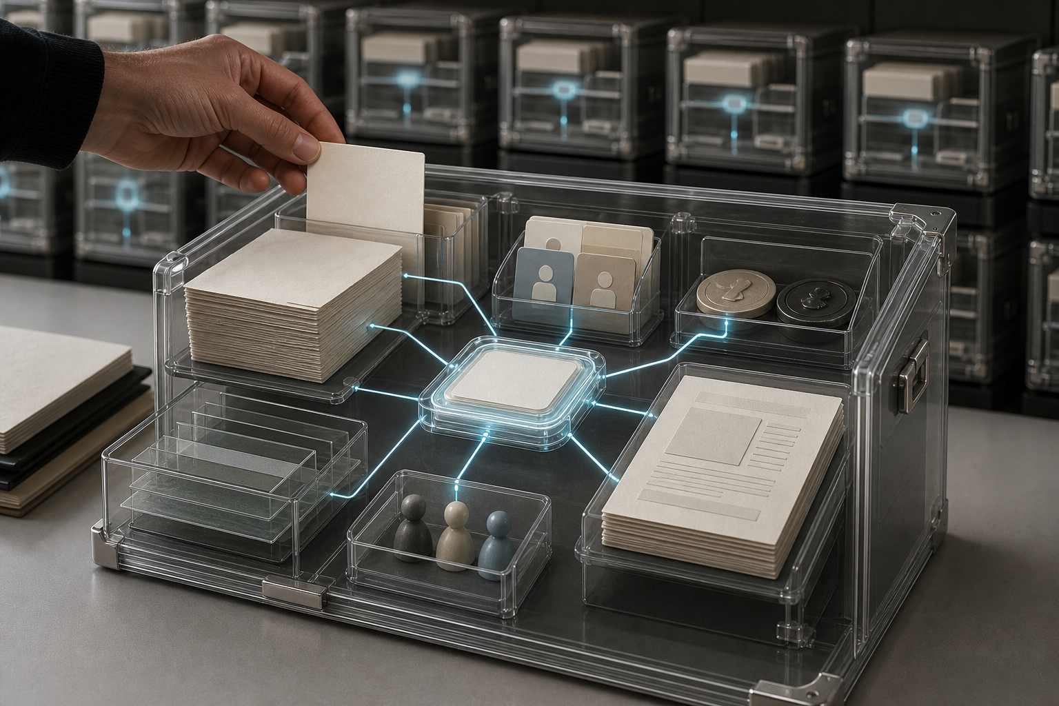 A transparent modular case holds source documents, evidence cards, approvals, version layers, and a finished content page, with a hand adding a verified source card.