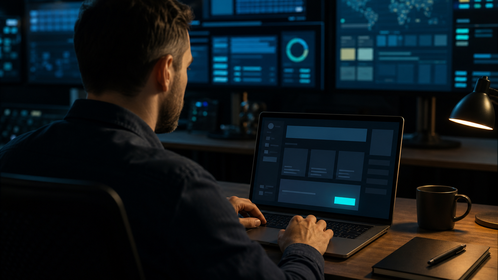 A professional works in a dim operations room while a laptop displays an abstract dark landing-page interface.
