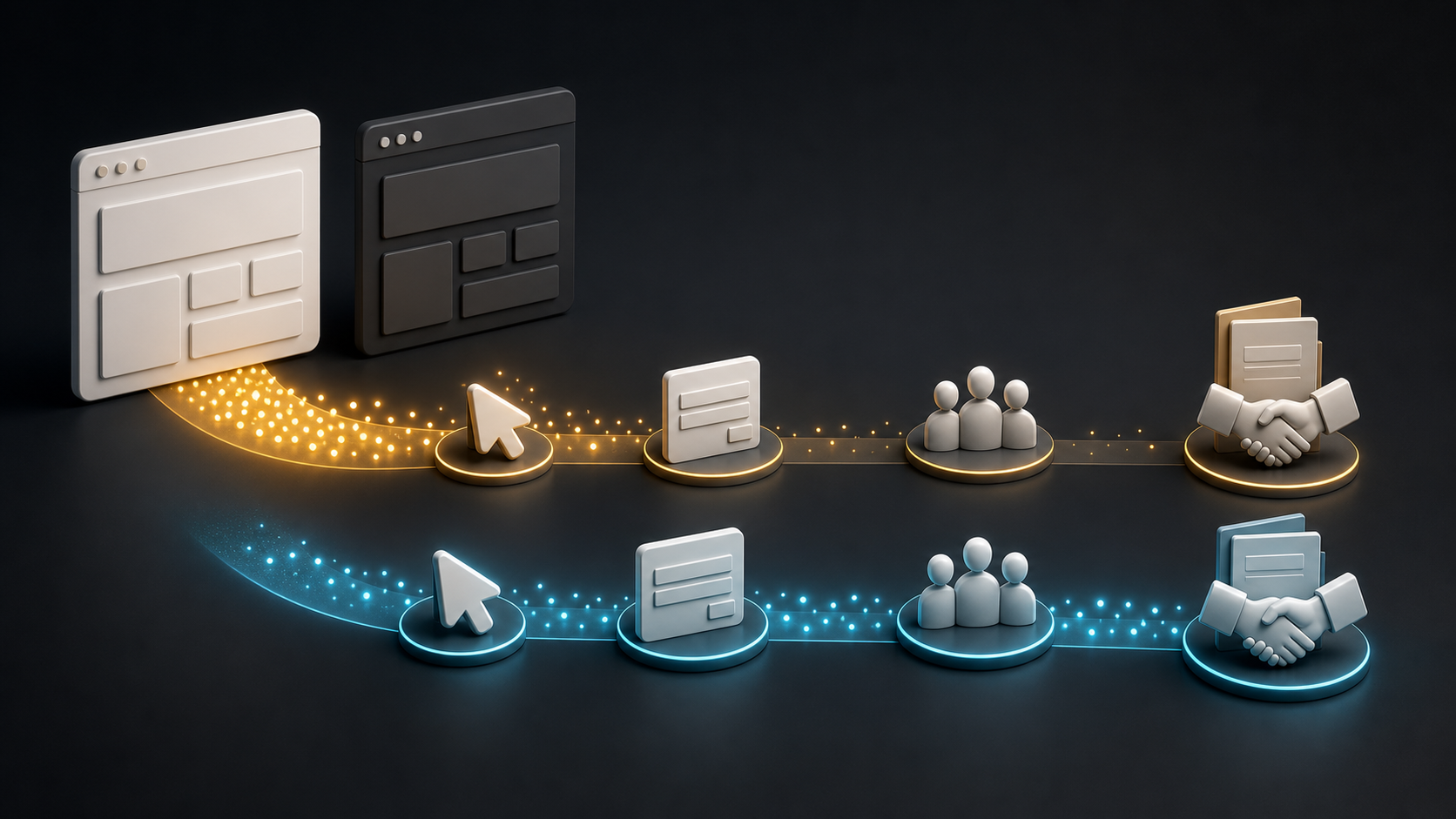 Two abstract landing-page paths lead from clicks through forms and qualified prospects to a business handshake, with different numbers reaching the final outcome.