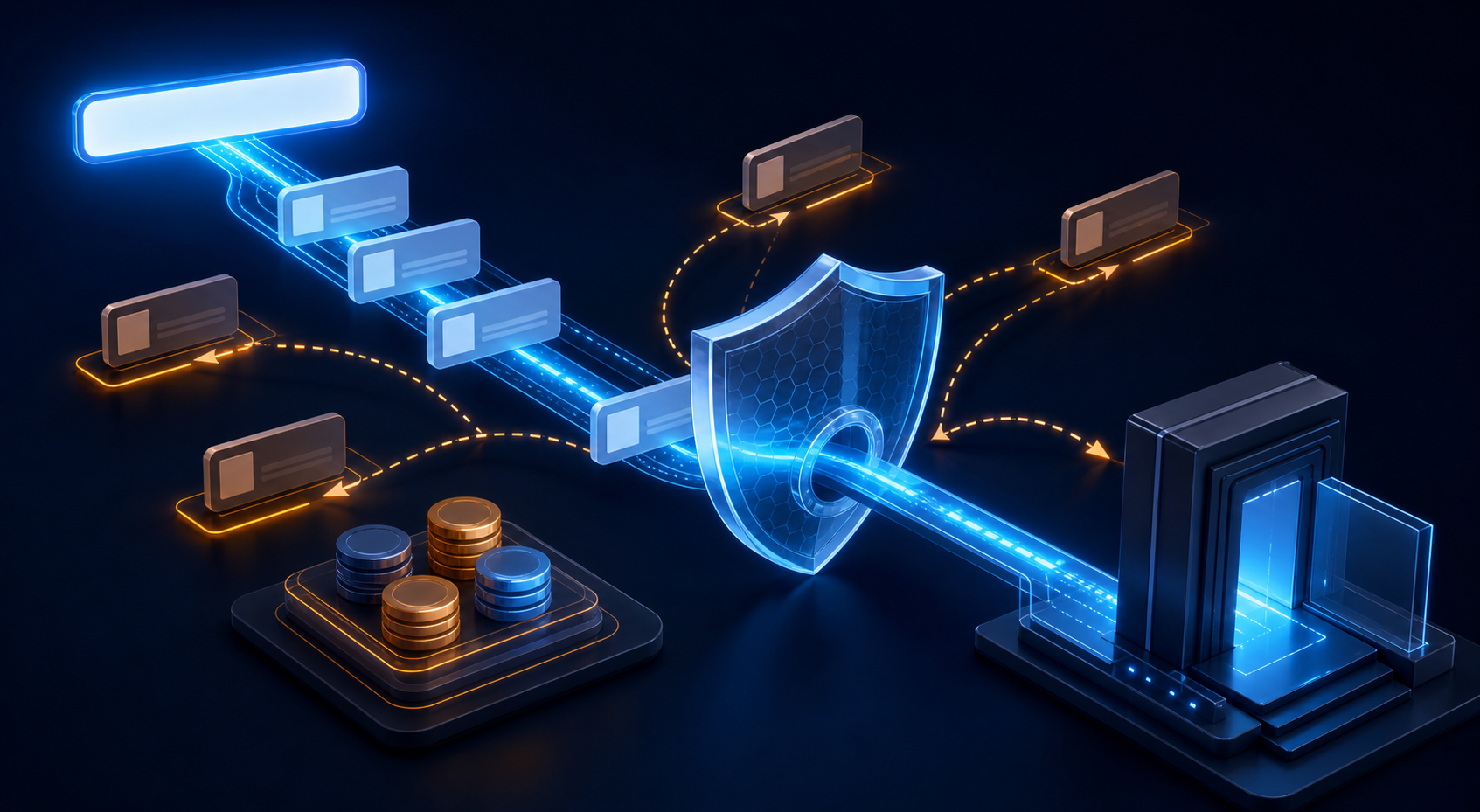 A translucent shield protects a glowing path of search result cards from several misleading diversion routes leading toward a secure website gateway.
