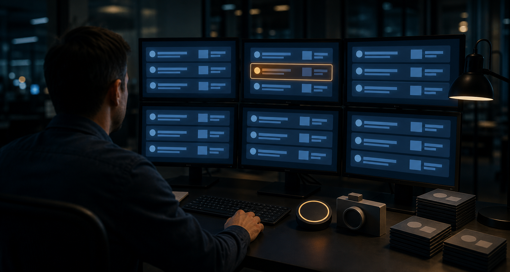 An analyst reviews multiple monitors of unlabeled search result cards while a suspicious result is highlighted and evidence tiles are collected beside the workstation.