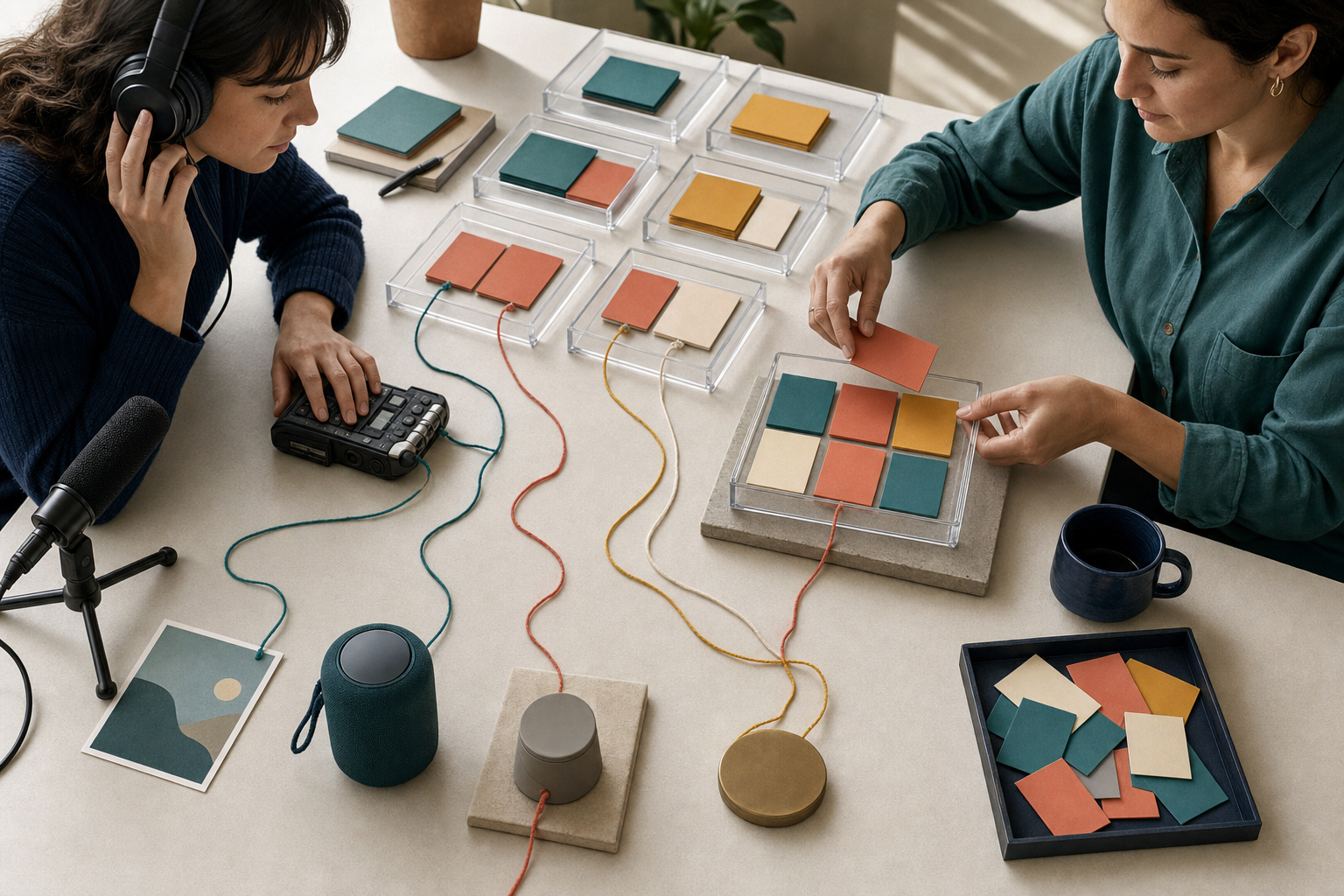 Two researchers trace color-coded evidence cards back to customer interview recordings, photographs, and product samples on an organized table.