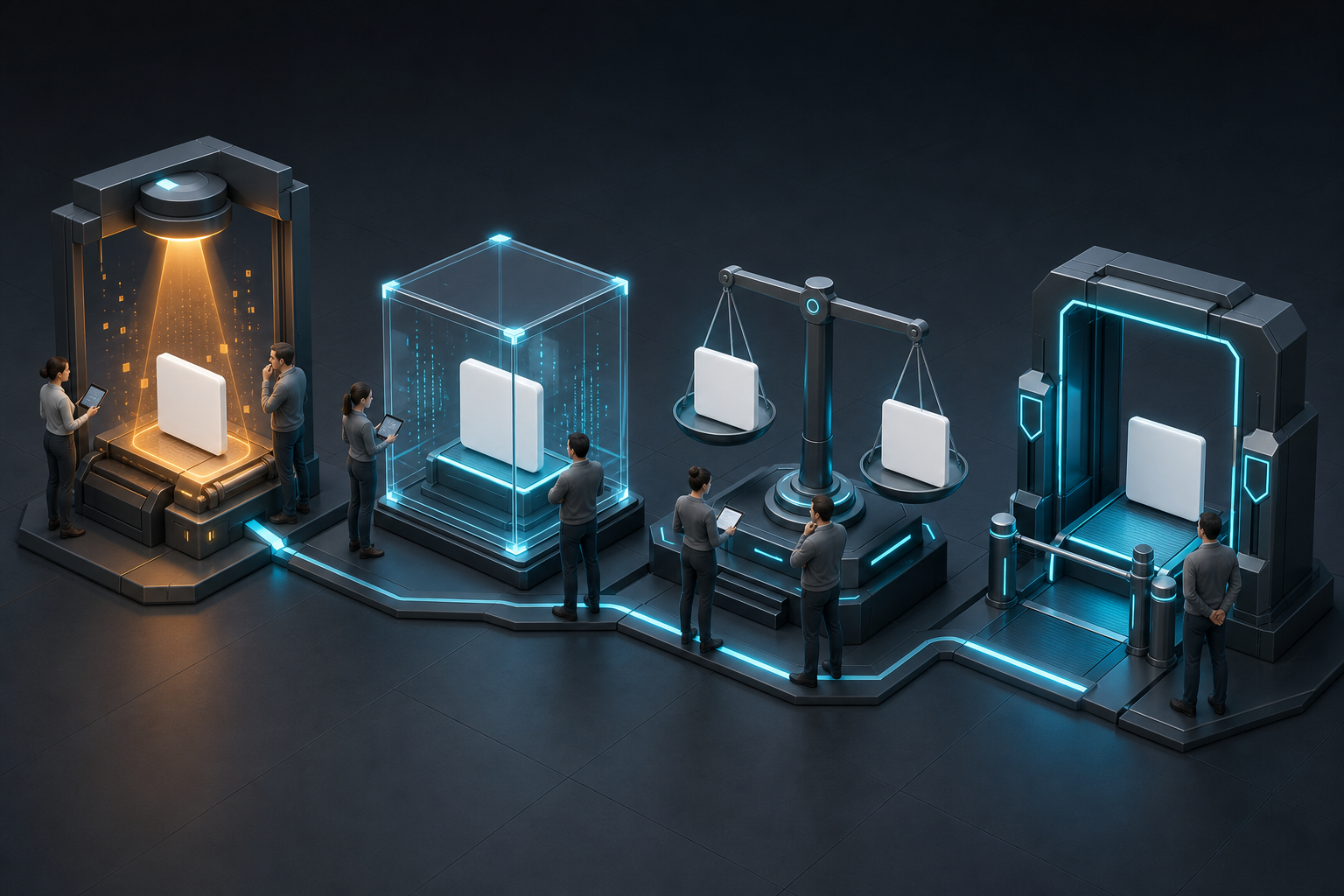 A suspicious ad tile moves through scanning, evidence capture, review, and resolution stations as four specialists collaborate around the process.