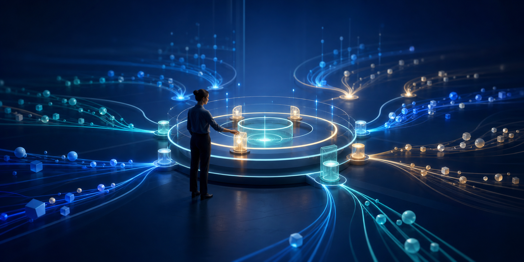 A strategist adjusts glowing boundary controls while automated campaign signals branch into multiple digital channels.