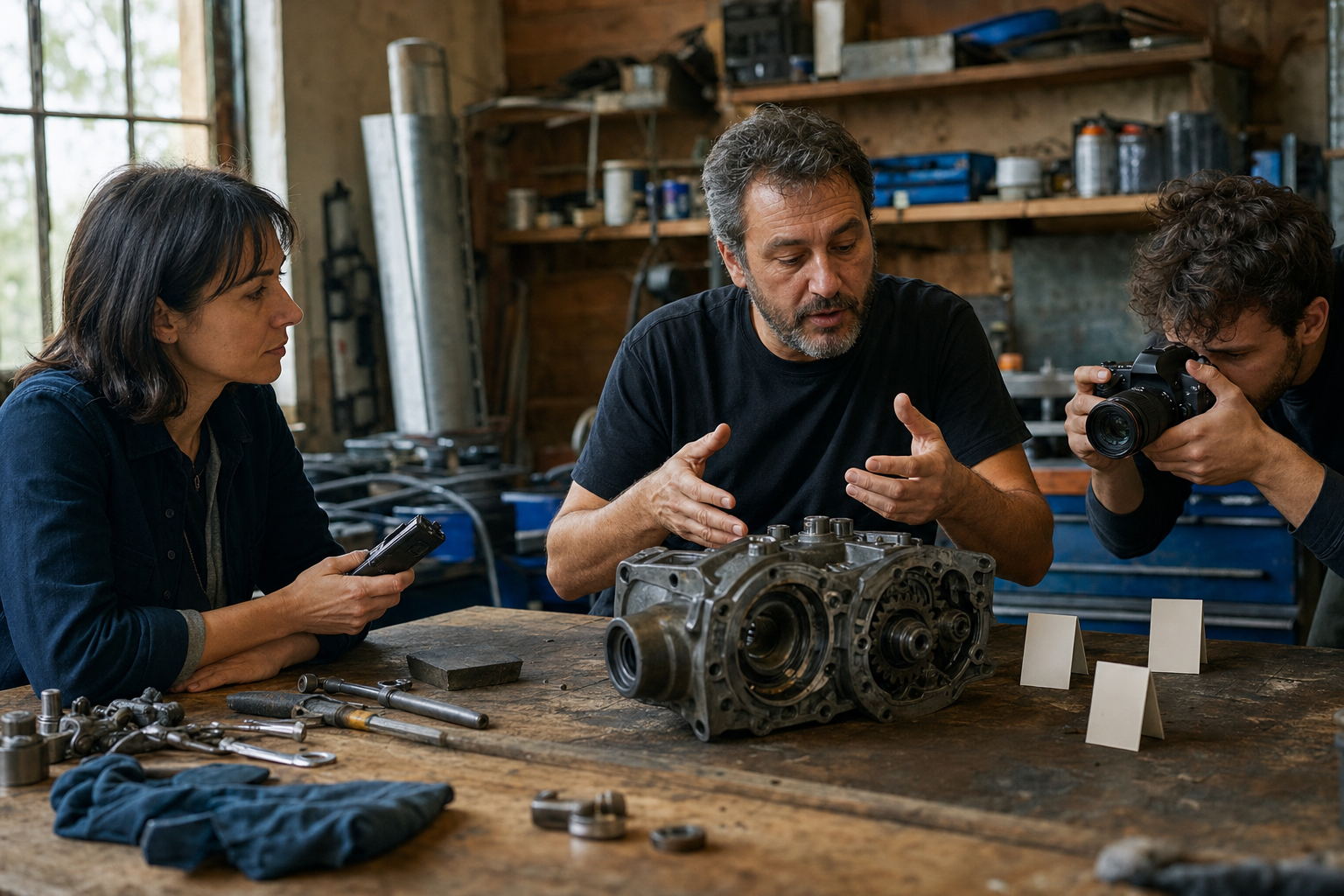 A content strategist records an expert explaining and demonstrating a component at a workshop bench while a teammate documents the process.