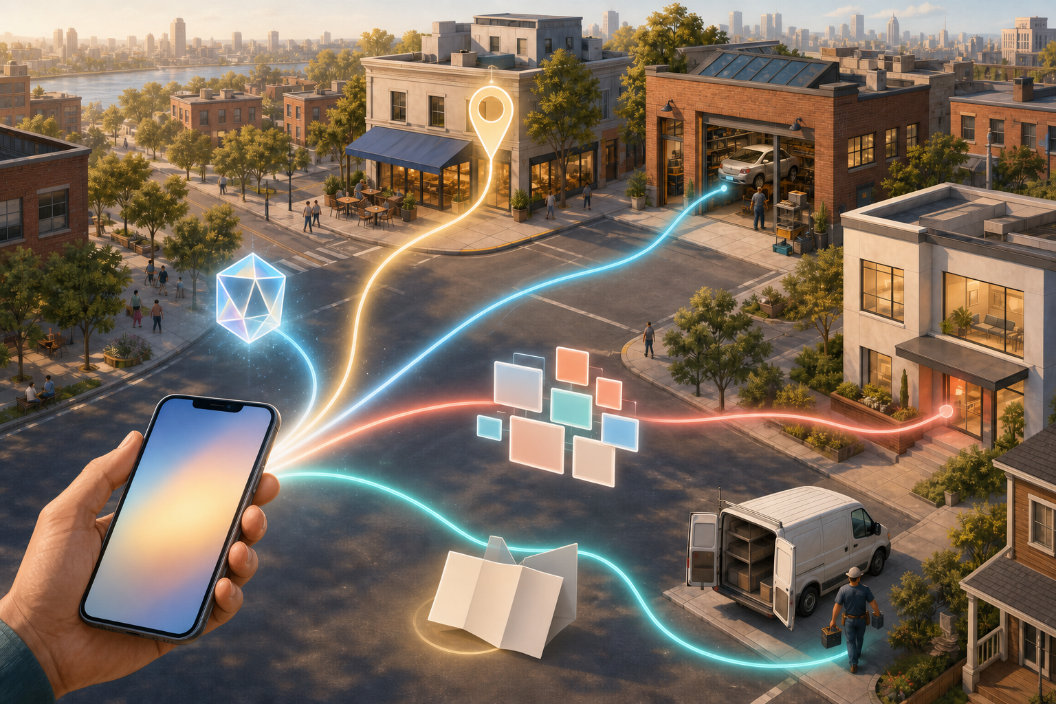 Editorial illustration of a smartphone sending four glowing discovery paths toward different businesses across a city neighborhood.