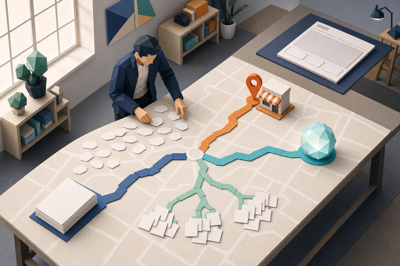 A strategist sorts query tokens across a blank city map into routes leading to a map pin, an AI-like orb, page clusters, and editorial sheets.
