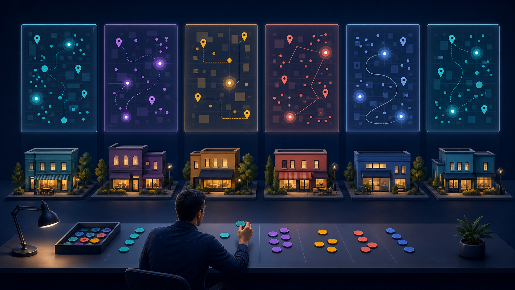 An analyst compares six separate abstract measurement panels positioned above different miniature neighborhoods and storefronts.