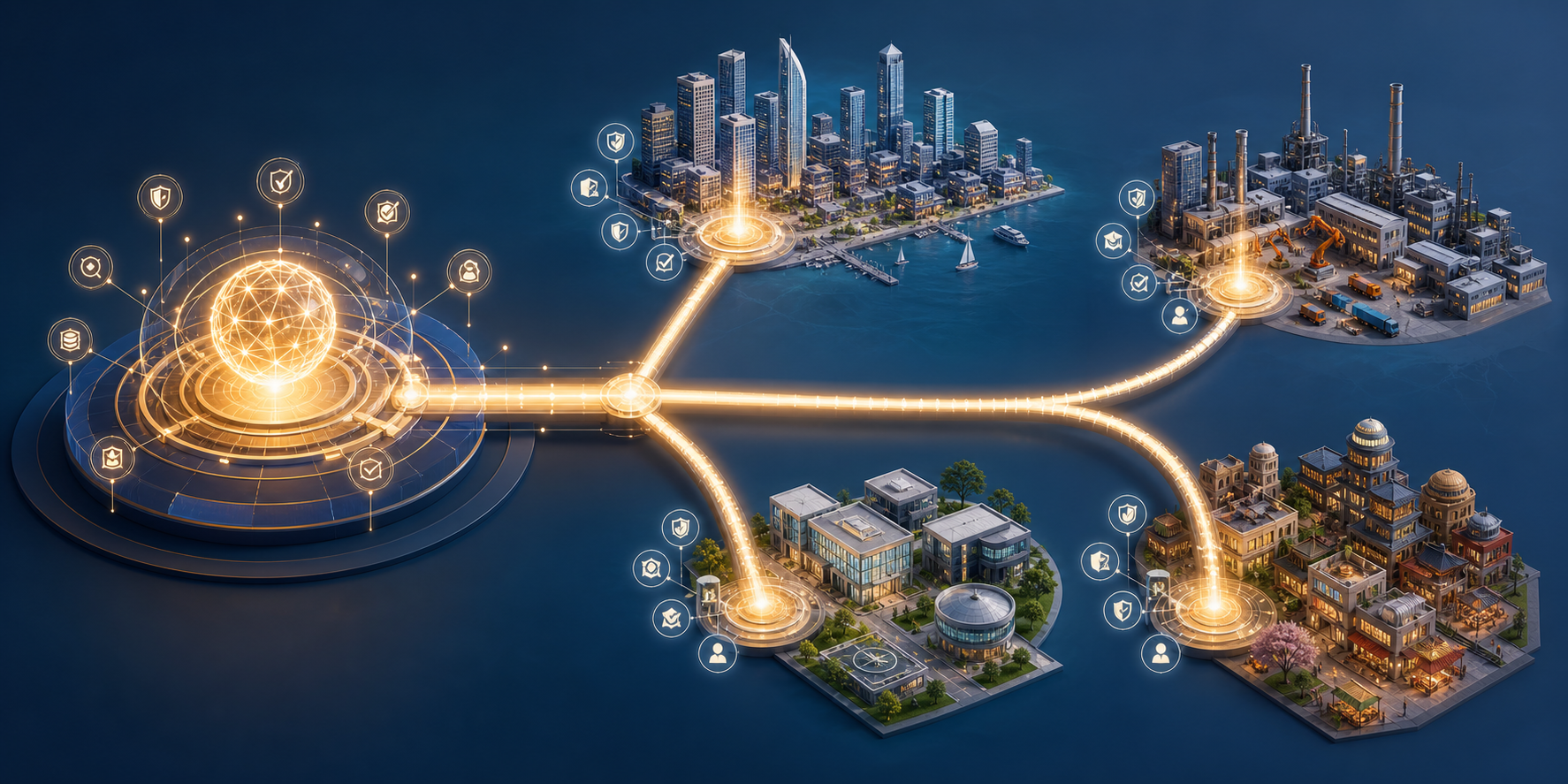 A glowing central knowledge core sends connected pathways into city, manufacturing, healthcare, and commercial environments.