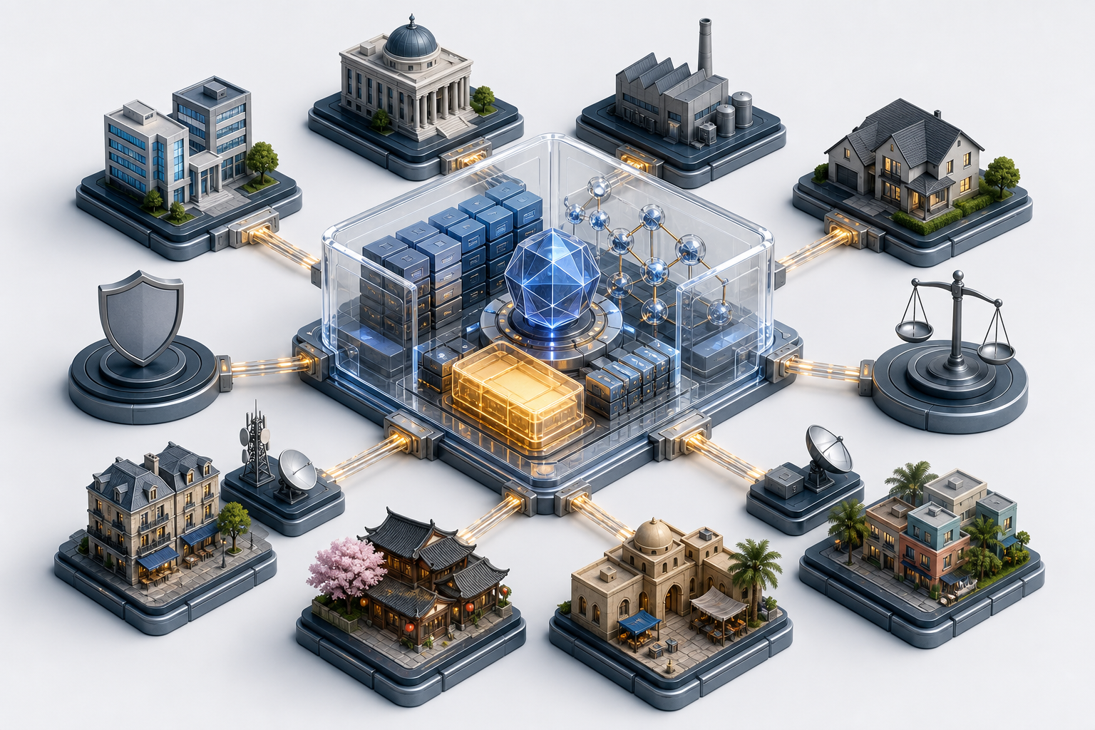 An isometric modular system has a stable central core connected to interchangeable components for different local environments.