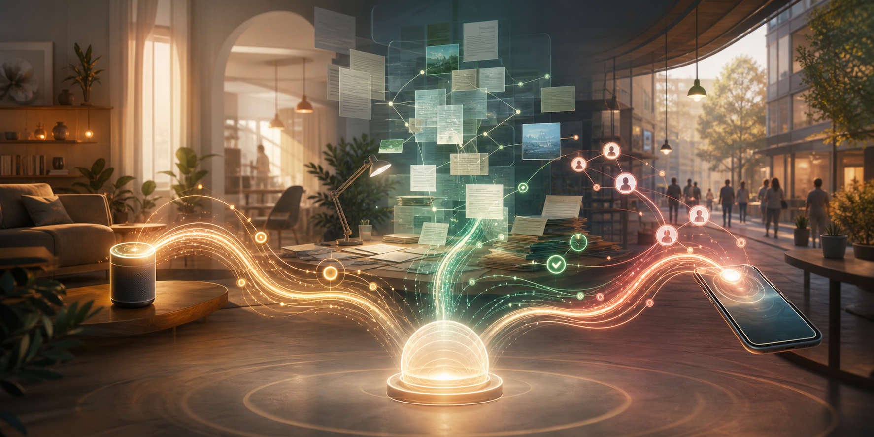 One glowing question signal follows different paths through a home, a research workspace, and a mobile urban setting before reaching the same answer form.