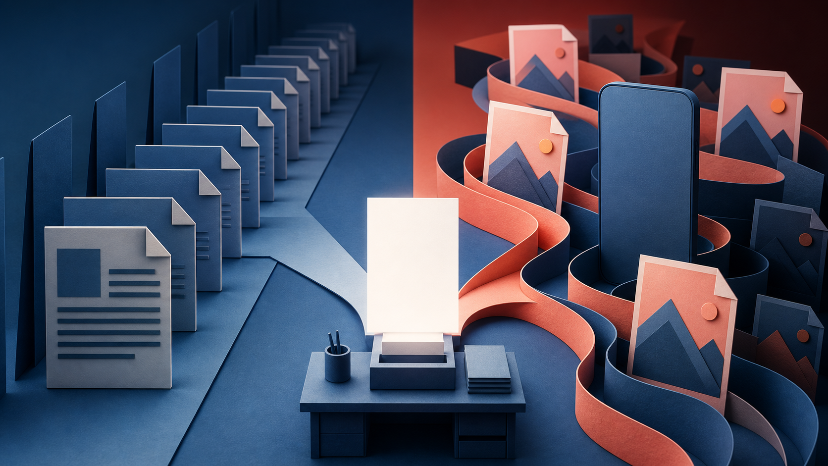 A blank article card splits between an orderly row of document tiles and a shifting stream of image cards beside a smartphone.