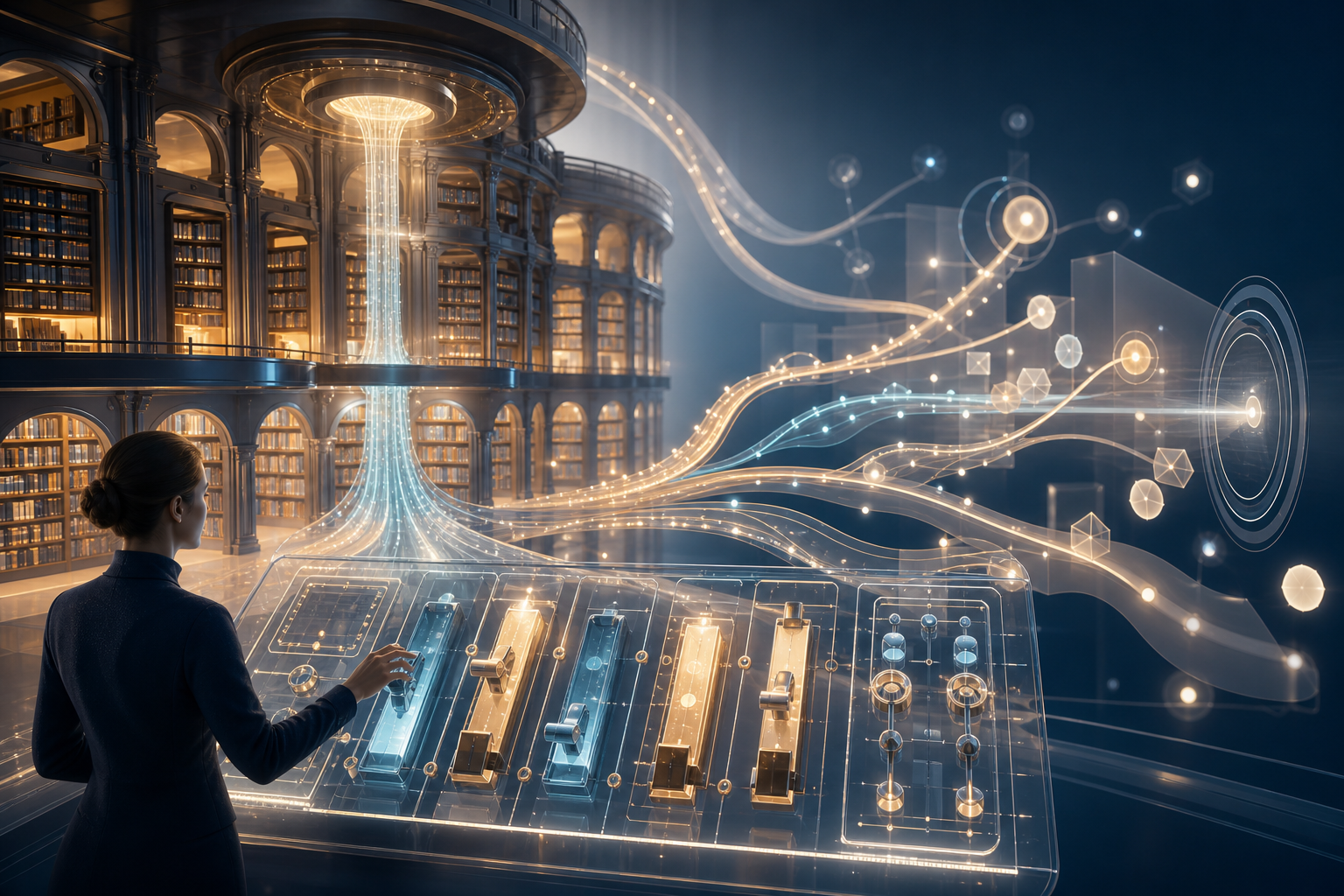 A glowing digital library connects to multiple search pathways through a console of gates and permission controls.