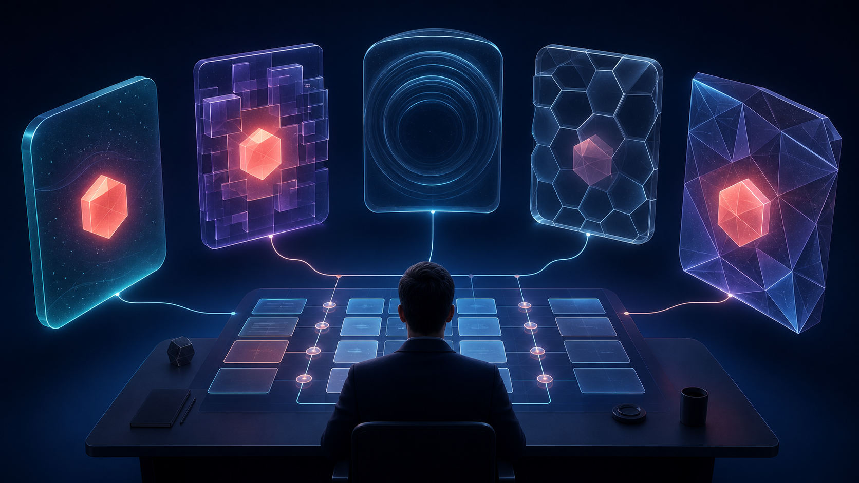 An analyst compares a coral brand signal across several abstract AI answer portals connected to evidence cards and source nodes.