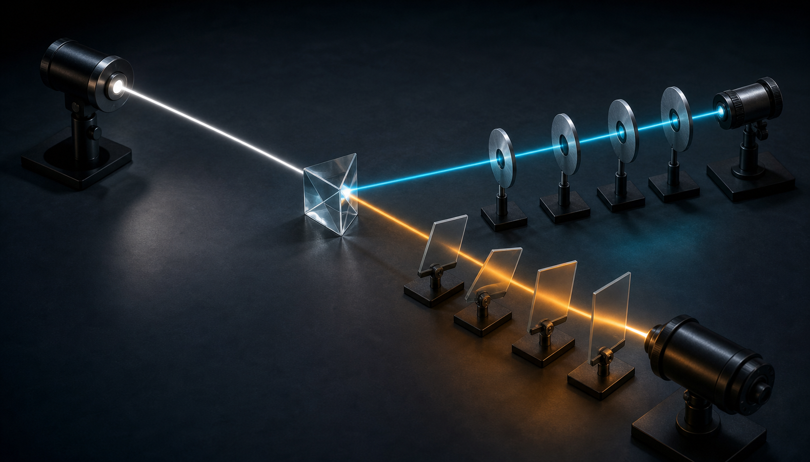 A glass prism divides one beam into two paths observed by separate optical instruments on a dark table.