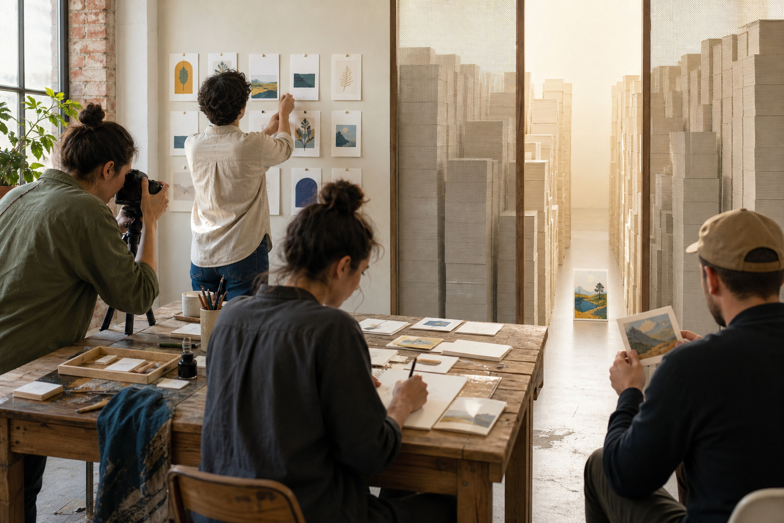 A small creative team produces an original visual story as its image card passes through an opening between stacks of repetitive blank cards.