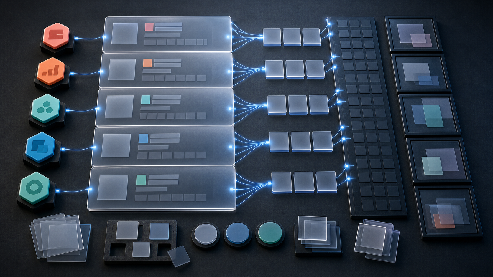 Abstract AI response cards are organized with colored evidence markers, source tiles, and saved snapshots on a dark tabletop.
