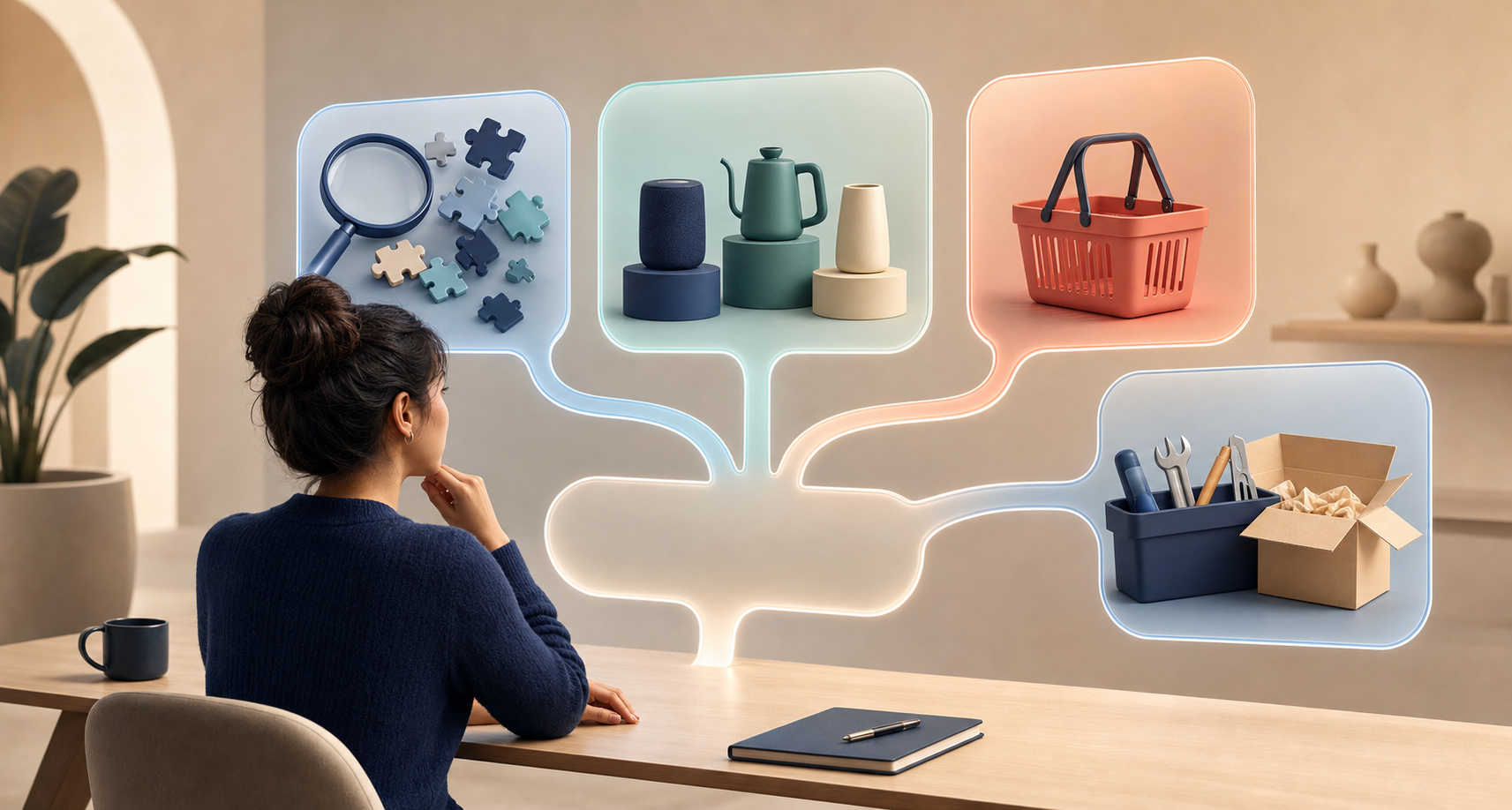 A person explores branching conversational paths represented by a magnifying lens, product choices, a shopping basket, and a post-purchase toolkit.