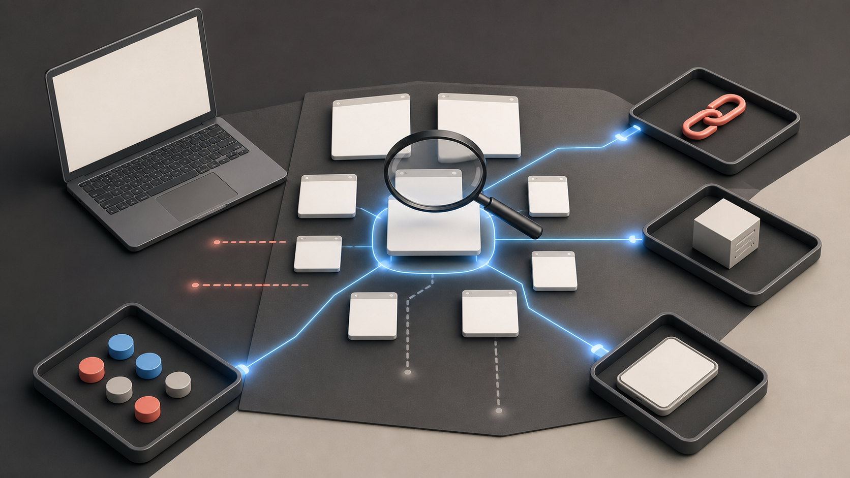 A diagnostic workspace contains abstract web pages, a magnifying glass, and symbols for links, servers, and mobile devices connected by glowing paths.