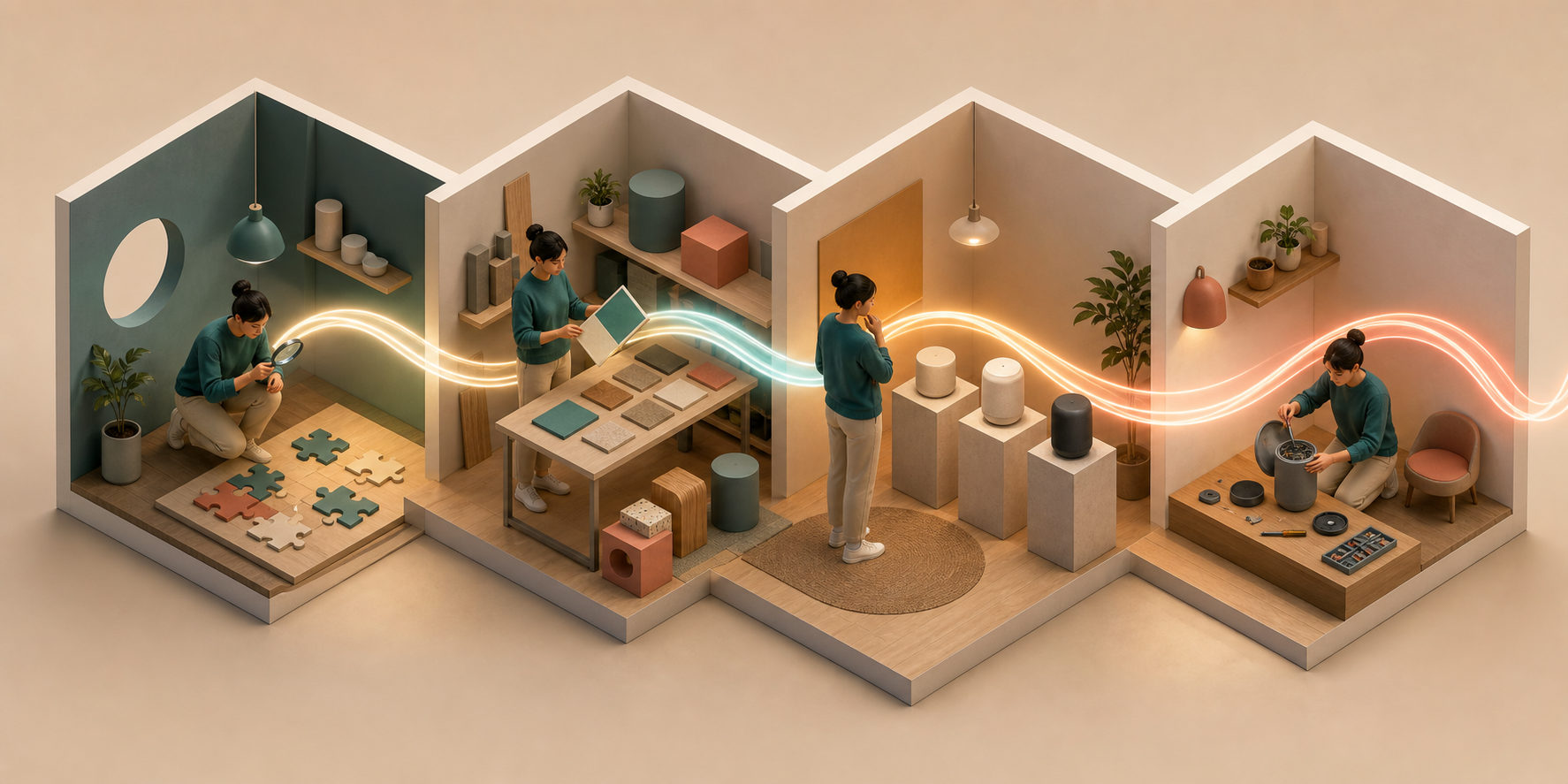 Four connected rooms show a user investigating a problem, exploring approaches, comparing products, and learning to use an owned device.
