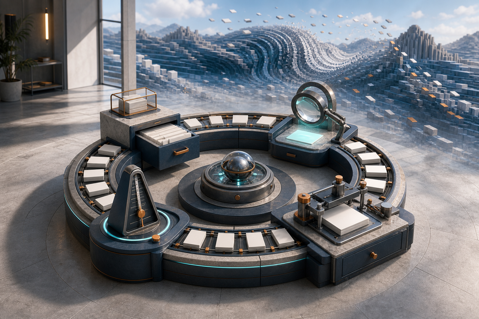 A circular workflow machine moves abstract web-page tiles through archive, inspection, improvement, and review stations while a digital wave passes around it.