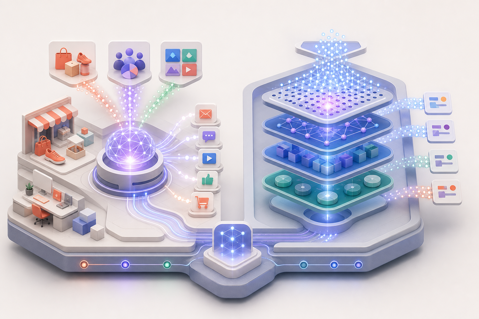 A split illustration shows one automated system coordinating several marketing channels and another optimizing search advertising signals.