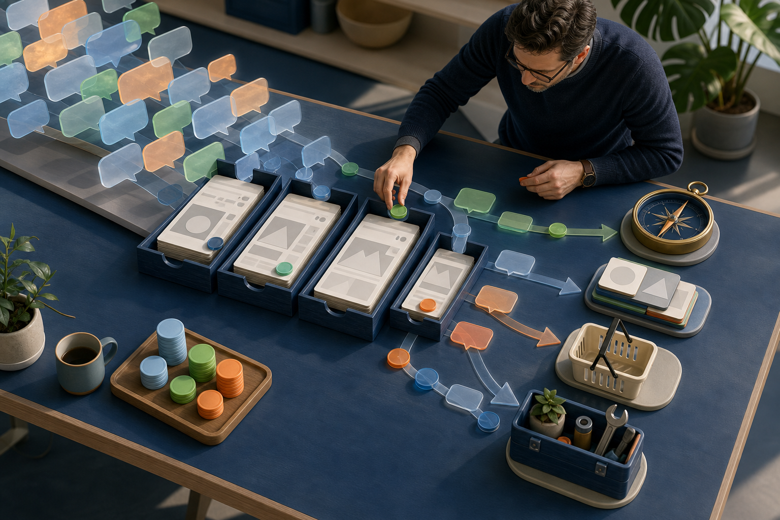 A strategist sorts abstract chat bubbles through webpage cards toward discovery, comparison, purchase, and customer-success outcomes.