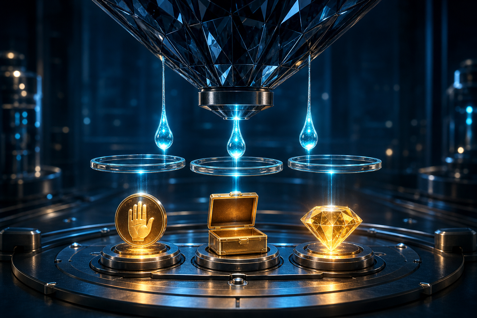 Three glowing droplets pass through transparent tracking rings and illuminate objects representing an inquiry, an opportunity, and realized value.