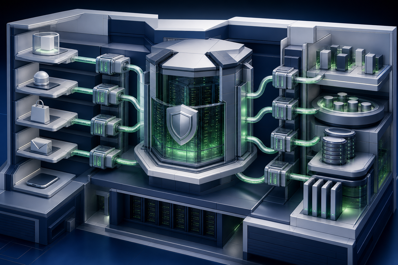 Illuminated data pathways connect customer touchpoints to a protected central data hub and several activation modules.