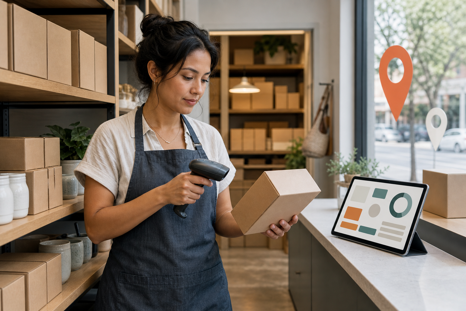 A retail employee scans a product beside organized shelves, a tablet, a stockroom, and a local pickup counter.