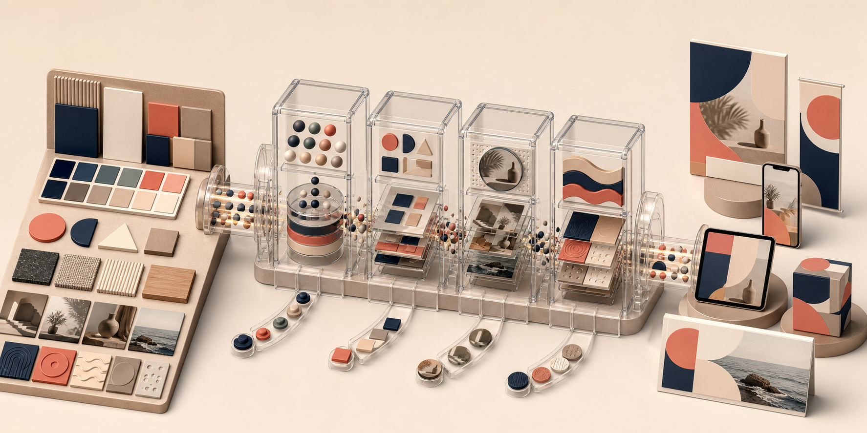 Color swatches, textures and image samples pass through modular sorting chambers and emerge as a consistent family of campaign designs.
