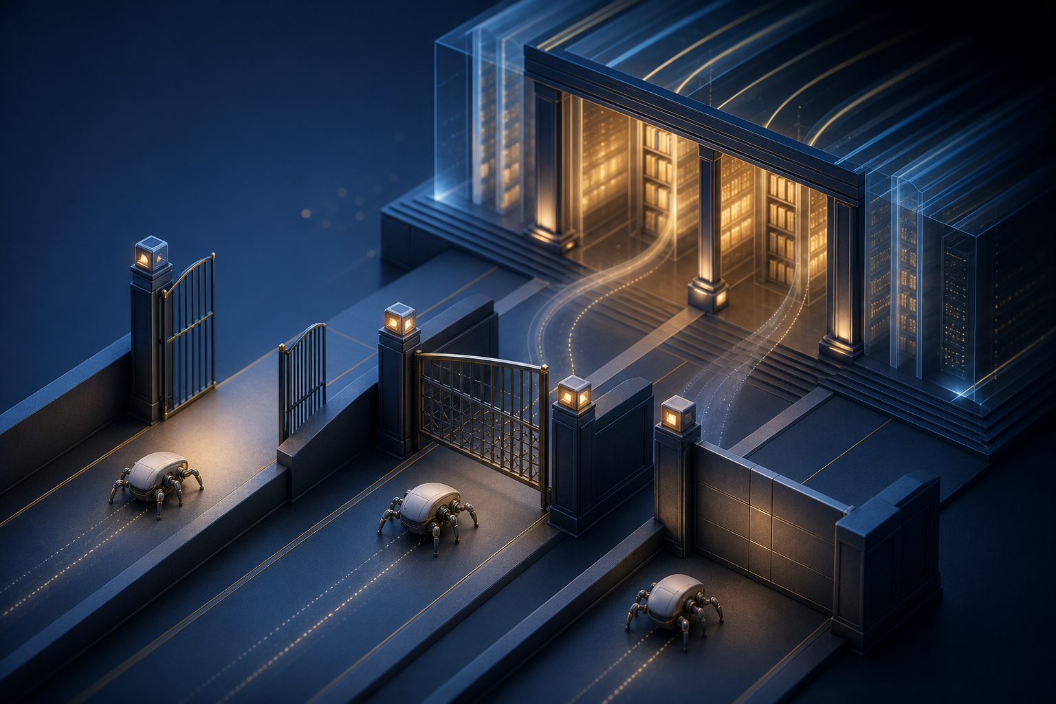 Digital crawler devices approach an online archive through open, restricted, and closed access gates.