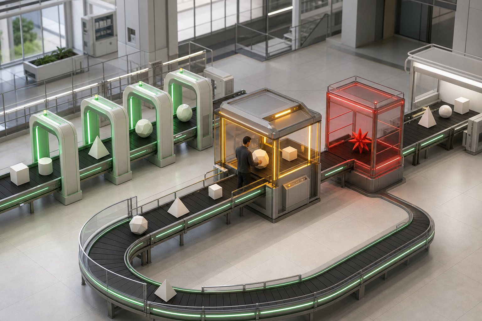 Abstract campaign assets move through automated checks, a human review bay and a quarantine chamber in a branching workflow system.