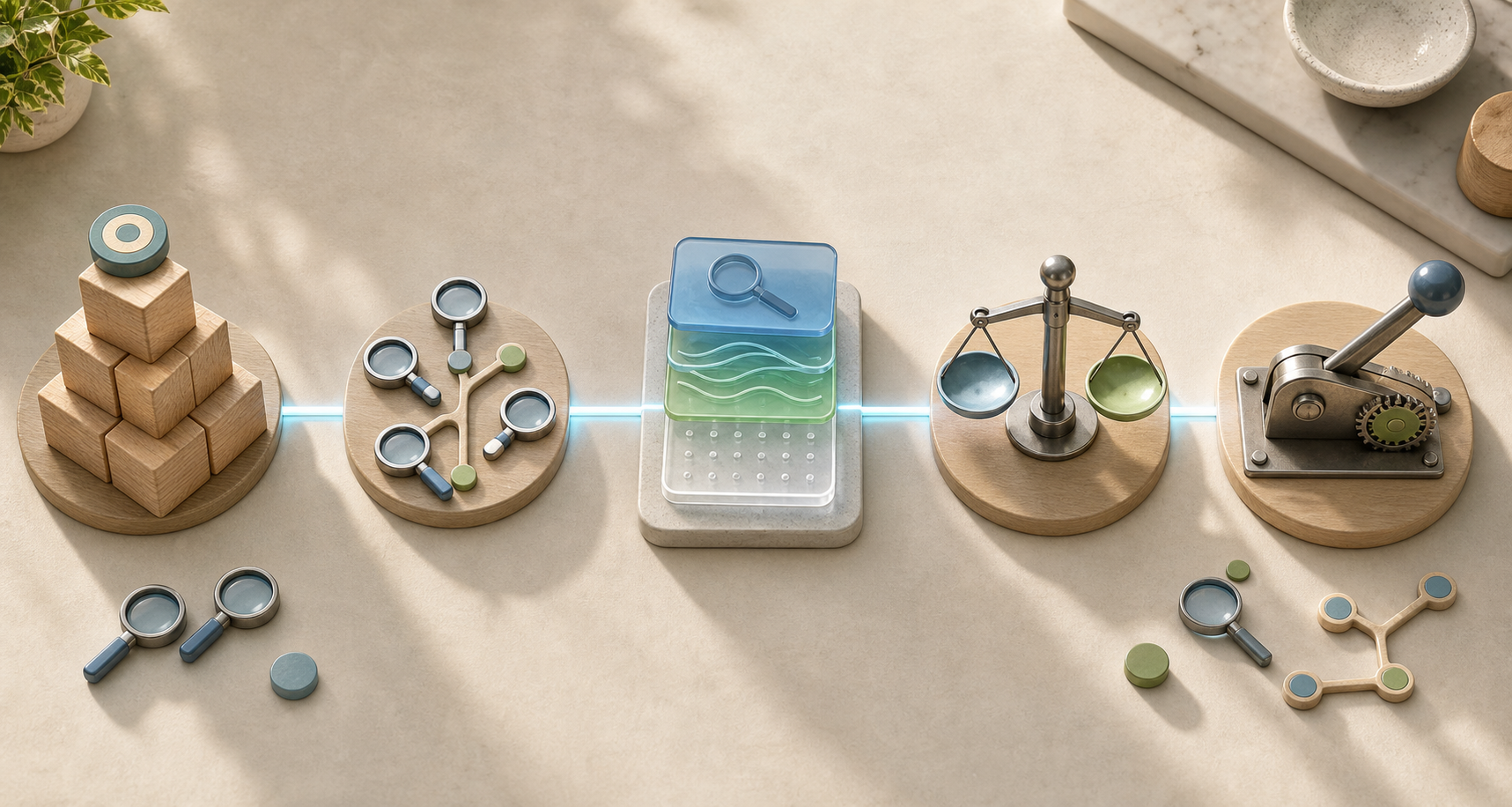 Five connected groups of objects represent a business target, search signals, evidence, a decision gate, and an action on a strategy table.