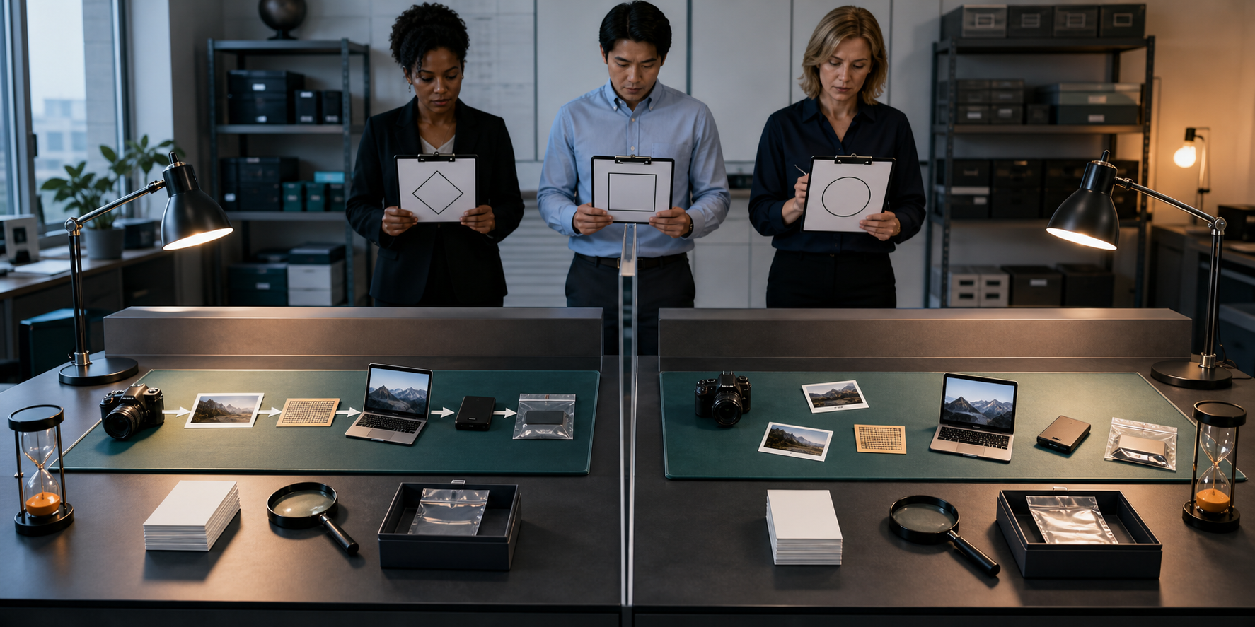 Three evaluators observe two identical workstations completing the same controlled trial with blank result cards and evidence boxes.