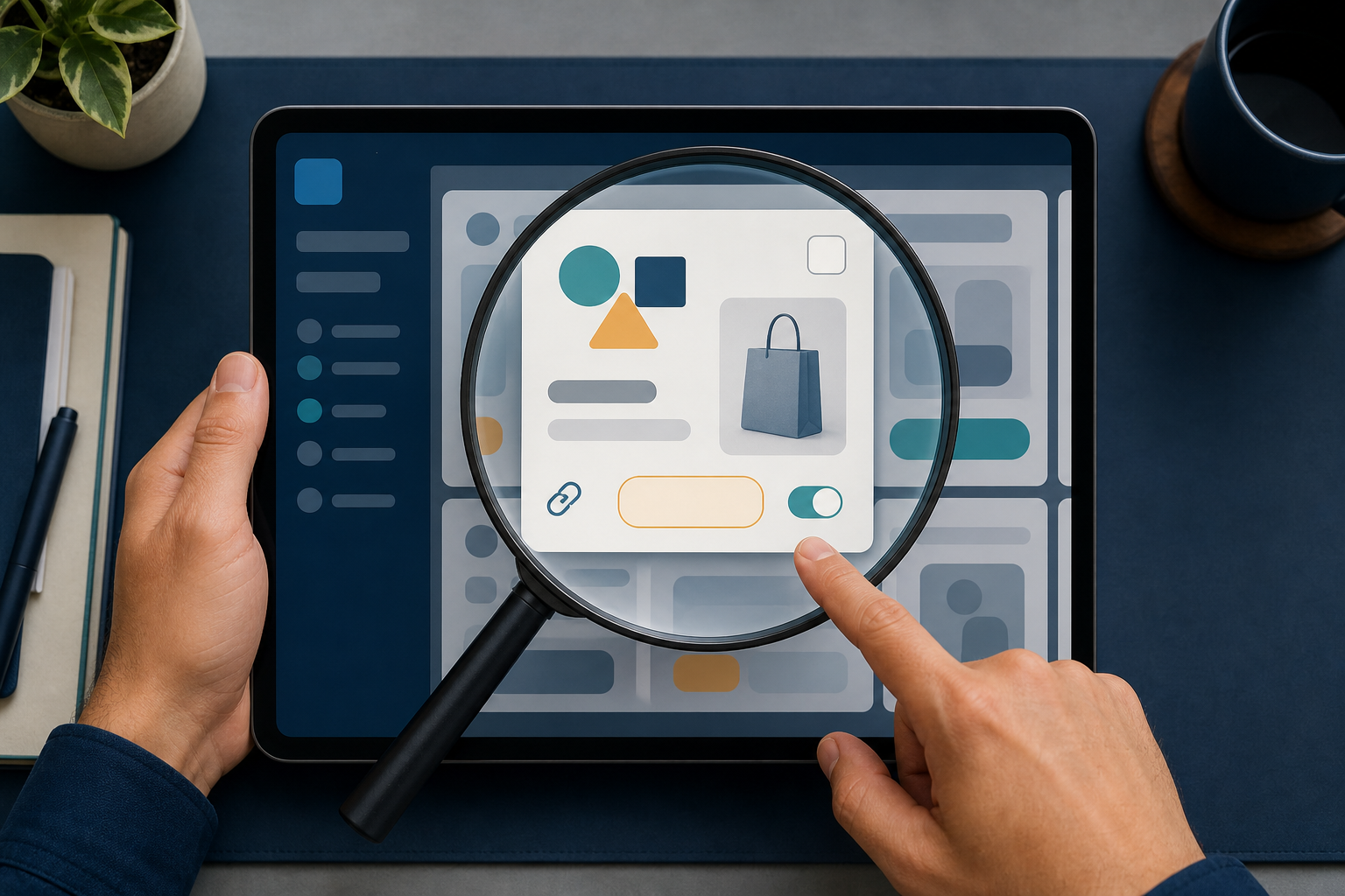 Hands use a magnifying glass to inspect visual clues on a generic digital recommendation card displayed on a tablet.