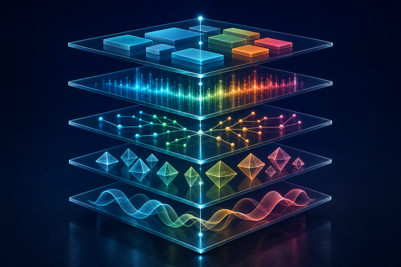 Five distinct transparent measurement layers align around a central axis, with blocks, pulses, nodes, prisms, and ribbons representing different metric types.