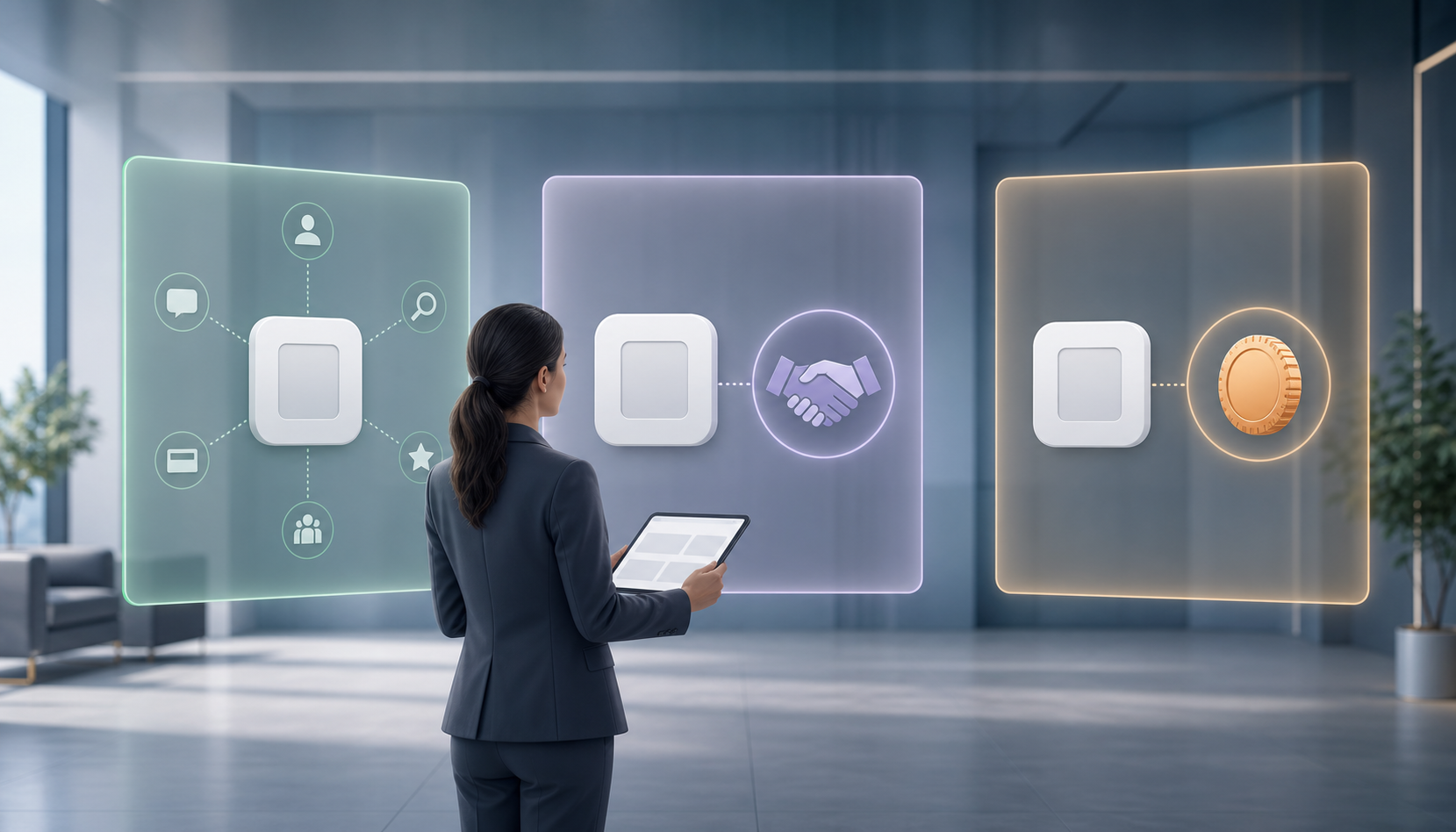 A marketing analyst compares three unlabeled display panels representing organic, partnership, and paid app exposure.