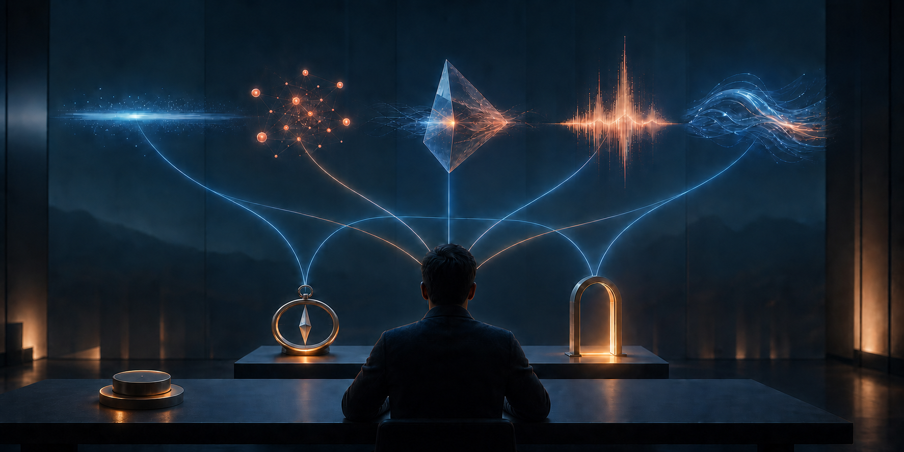 A strategist examines separate glowing signal forms whose connecting beams lead toward a compass, tuning dial, and open gateway.