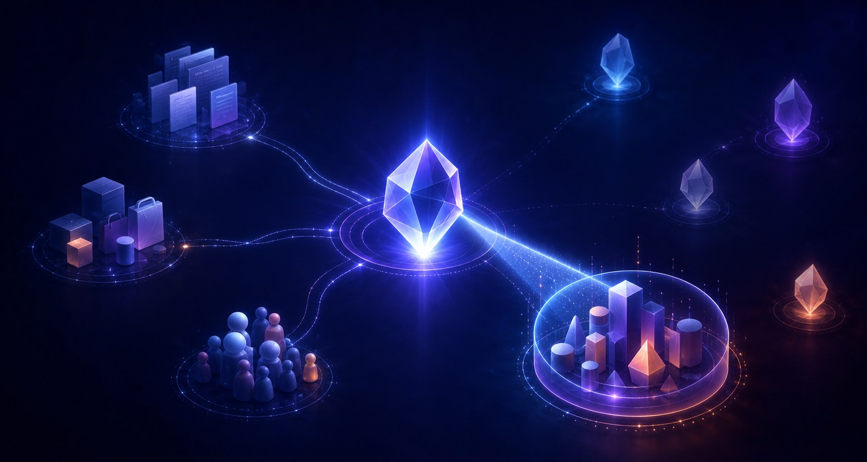 A glowing central entity connects to content and market clusters while a translucent category frame directs a search beam toward it.