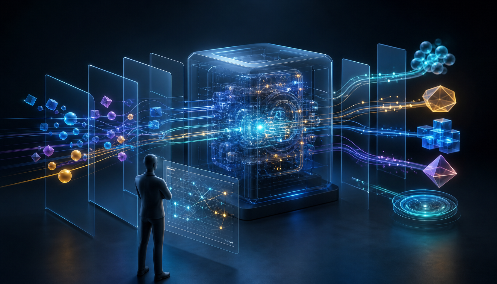 An analyst examines transparent layers that reveal how an automation engine connects campaign inputs, decisions and outcomes.