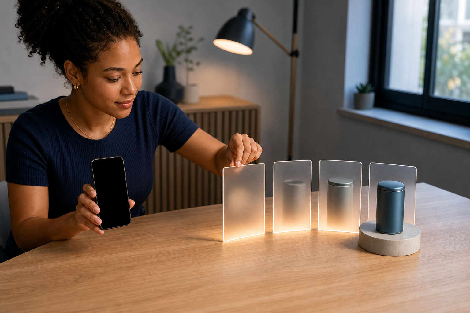 A content creator arranges illuminated frames that progressively reveal an unbranded product beside a smartphone.