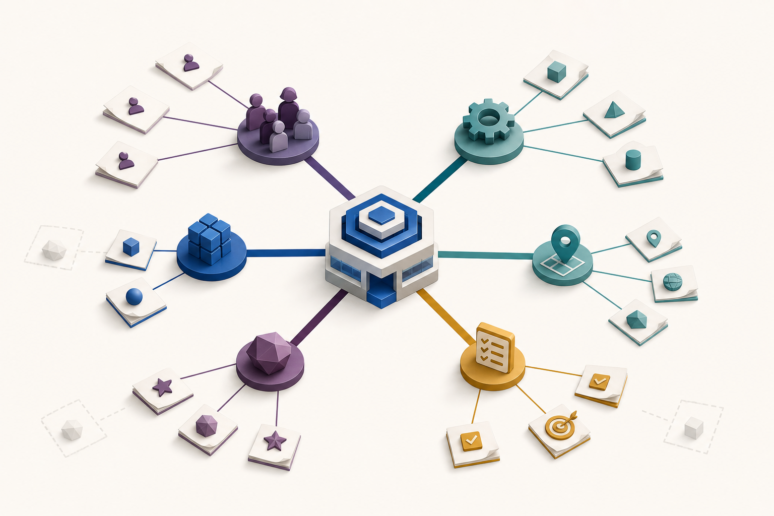 An isometric network connects a central organization node with separate tiles representing products, people, locations, expertise, and customer tasks.
