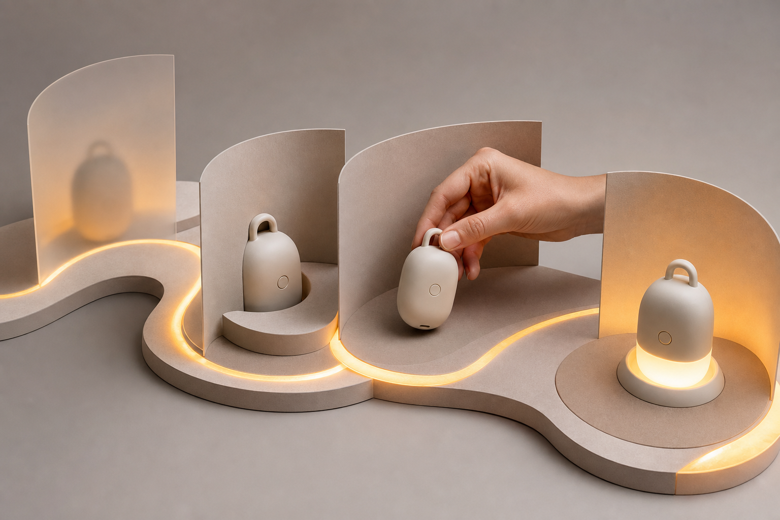 Four connected tabletop scenes progressively reveal, demonstrate, and show the use of an unbranded product.