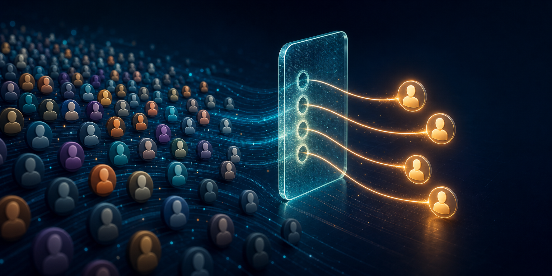 Customer profile tokens pass through a digital gateway, with some connecting to recognized identities and others remaining unmatched.