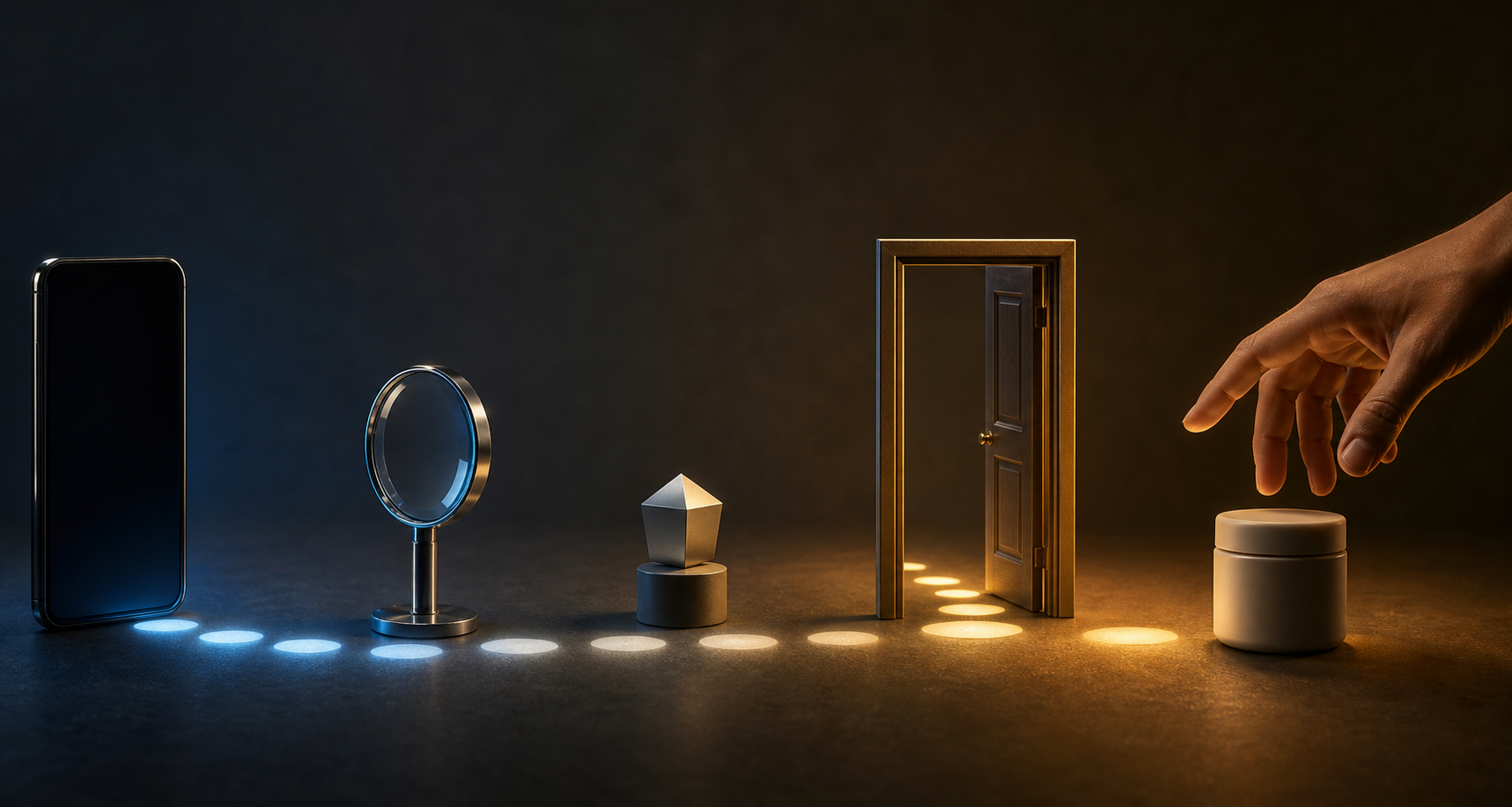 A smartphone projects a path of glowing steps through a lens and doorway toward a hand reaching for a product.